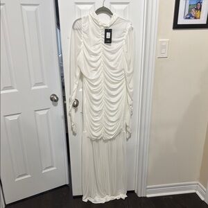 Fashion Nova White Ruched Bishop Sleeve Gown